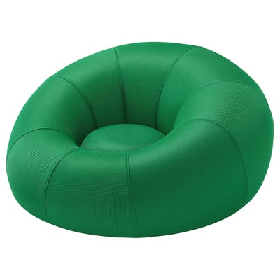 Sedia rotonda gonfiabile verde brillante, perfetta per sedersi comodi. Realizzato in tessuto con motivo a rete, offre comfort e supporto.