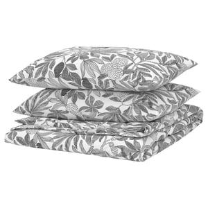 BROKDRACENA, set biancheria da letto floreale bianco/nero, forma rettangolare, motivo floreale ricamato, tessuto liscio, fondo bianco.