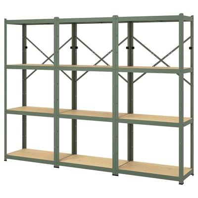 Una scaffalatura in metallo verde BROR con quattro ripiani in legno per uno stoccaggio versatile.