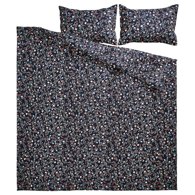 BRUDKRUSBÄR Set trapunta, nero/motivo floreale, 240x220/50x80 cm