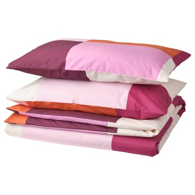 Set letto BRUNKRISSLA, a scacchi multicolore con blocchi rosa, arancioni e bianchi, morbido cotone e viscosa, include piumino e federe.