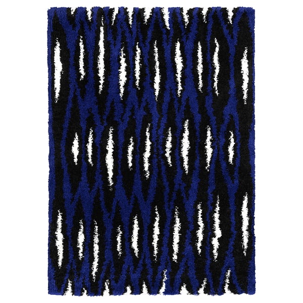 Tappeto BULLERREMSA: blu navy, nero, righe bianche, texture ispida, forma rettangolare.