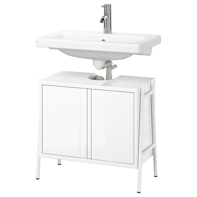 Mobile bagno bianco, BYASJÖN, con lavabo, gambe in metallo, due ante, design elegante.