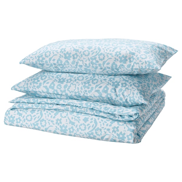 Set letto CYMBALBLOMMA, fantasia floreale azzurra, morbido poliestere riciclato, cuscini quadrati.