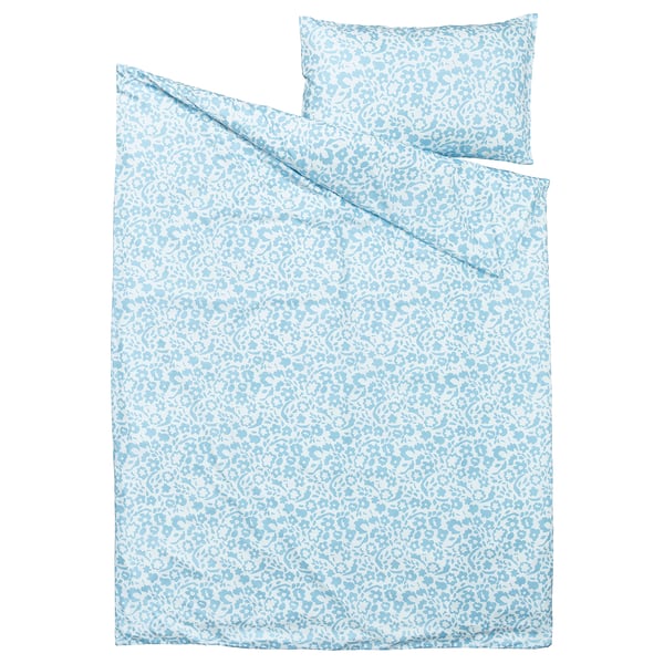 Set biancheria da letto CYMBALBLOMMA, stampa floreale azzurra, poliestere riciclato, piumino e cuscino rettangolari.