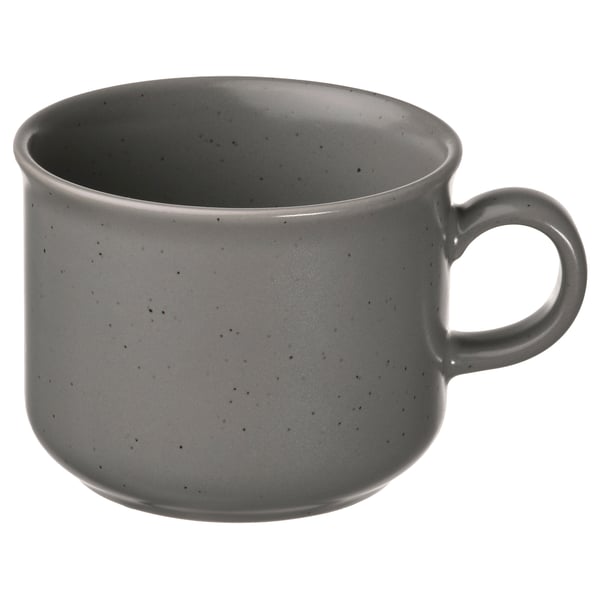Tazza rotonda in gres grigio con design e manico maculati.