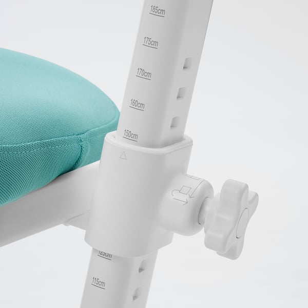 Indicatore di altezza delle sedie regolabile, che mostra plastica resistente e imbottitura del sedile.