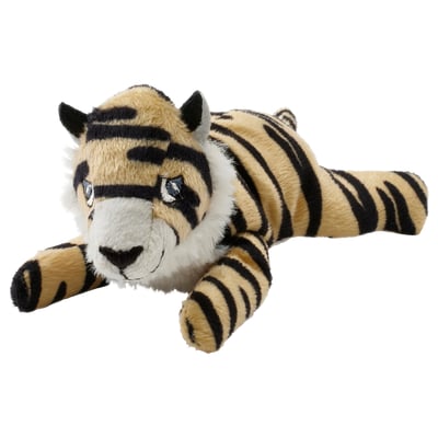 Giocattolo tigre riciclato, strisce beige e nere, morbido peluche, posizione sdraiata.