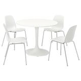 Un set da pranzo DOCKSTA con un tavolo rotondo bianco e quattro sedie abbinate, progettato per piccoli spazi con un look moderno e confortevole.