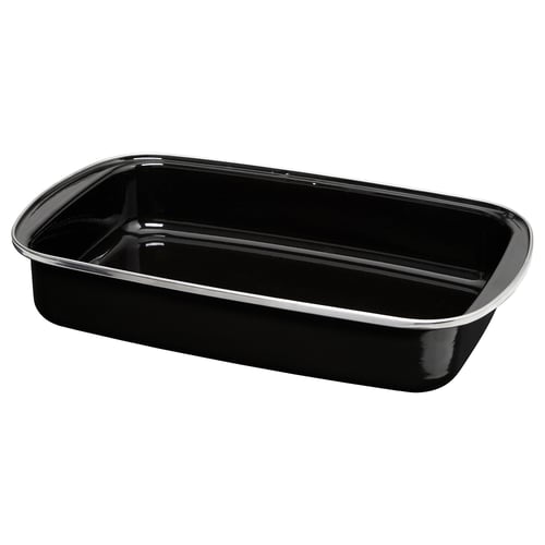Teglia in smalto nero, rettangolare, finitura lucida, corpo in acciaio, ottima per cucinare e cuocere al forno.