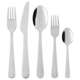 Set di posate in argento lucido composto da cucchiaio, forchetta, forchetta da insalata, cucchiaino da tè e coltello con un design elegante e resistente in acciaio inossidabile.
