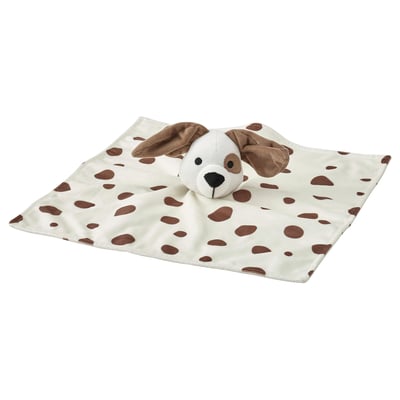 Simpatica coperta comfort per cani, bianca con macchie marroni e viso. Morbido materiale in poliestere riciclato. Ideale per i bambini.