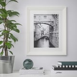 Il ponte di venezia incorniciato è appeso alla parete bianca. Accanto, una pianta in vaso e una pila di libri.