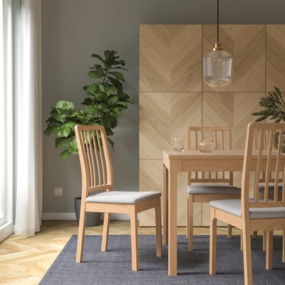 Set da pranzo moderno con sedie in legno chiaro, tappeto blu scuro, luce sospesa, pianta verde, parete grigia con pannelli.