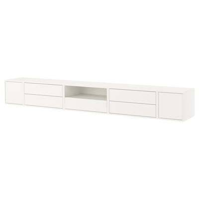 EKET: mobile contenitore a parete bianco con cassetti e ripiani a giorno per i supporti. Design moderno e minimalista.