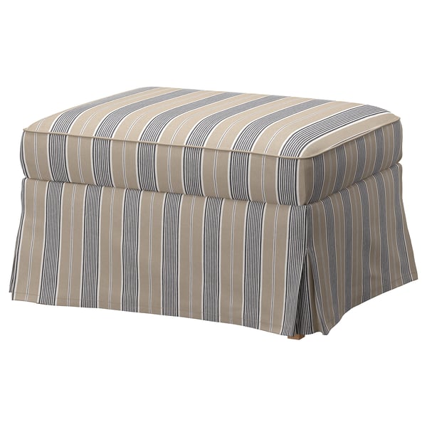 Pouf a righe beige e blu con design plissettato, forma rettangolare, serie EKTORP.