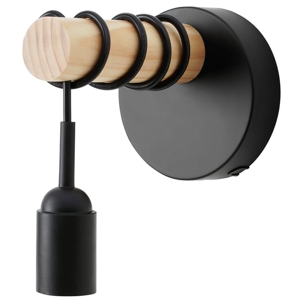 Lampada da parete ENGANN: metallo nero, aste in legno, base rotonda, design moderno.