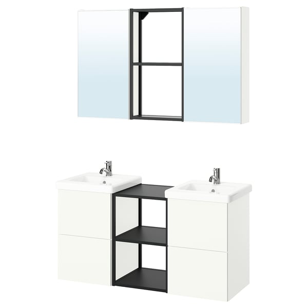 Moderno mobile da bagno doppio bianco con armadietti a specchio, eleganti accenti neri e due lavandini.