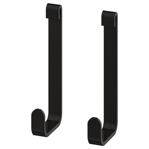 Due ganci ENHET neri, pensati per appendere gli oggetti, realizzati in acciaio inox dalla forma elegante e minimalista.
