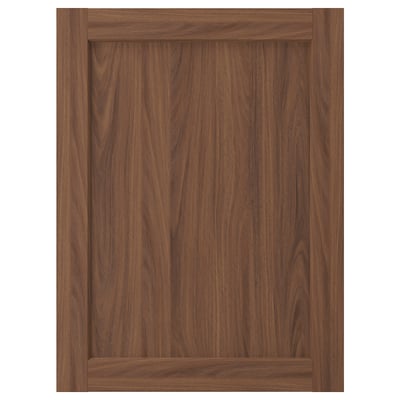 Un'anta in legno marrone scuro con un design classico e incorniciato.