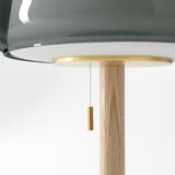 Una lampada moderna con un elegante design in ottone e legno. È un paralume in vetro trasparente e una robusta base in marmo.