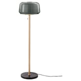Lampada da terra minimalista con paralume in vetro fumé e stelo in legno; Design elegante e moderno.