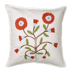 Cuscino quadrato bianco con fiori arancioni e blu ricamati a mano, foglie verdi, su morbido cotone.