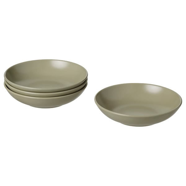 Quattro ciotole in gres verde oliva, tre sovrapposte, una separata; design minimalista.