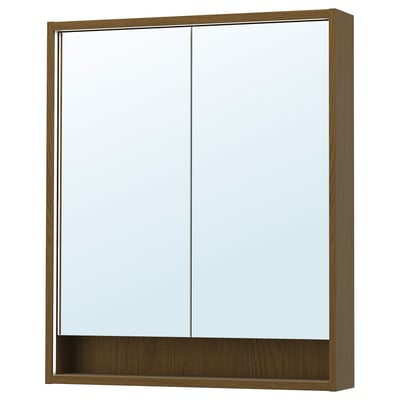 FAXÄLVEN: armadietto a specchio con cornice in legno e luci integrate. Forma quadrata, ante a specchio e un ripiano inferiore. Perfetto per i bagni.