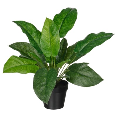 Pianta a foglia verde in vaso nero, design realistico con materiali riciclati.