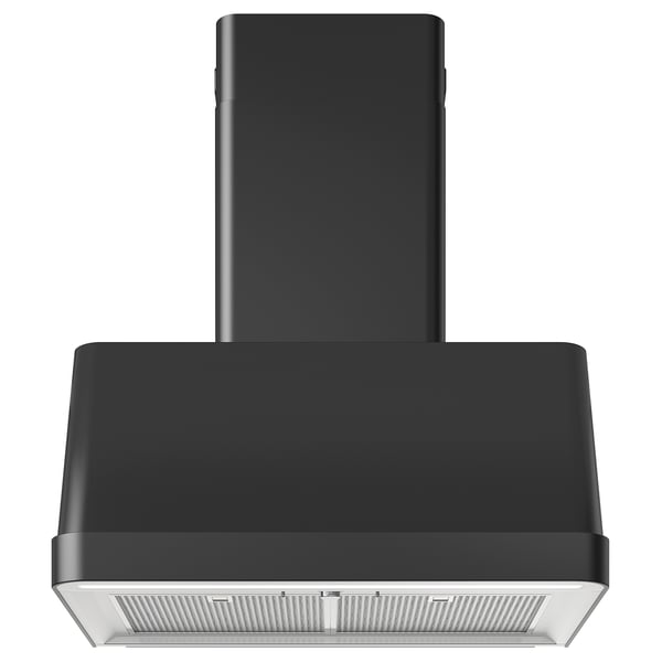 Moderna cappa da cucina nera con design elegante e illuminazione a led.