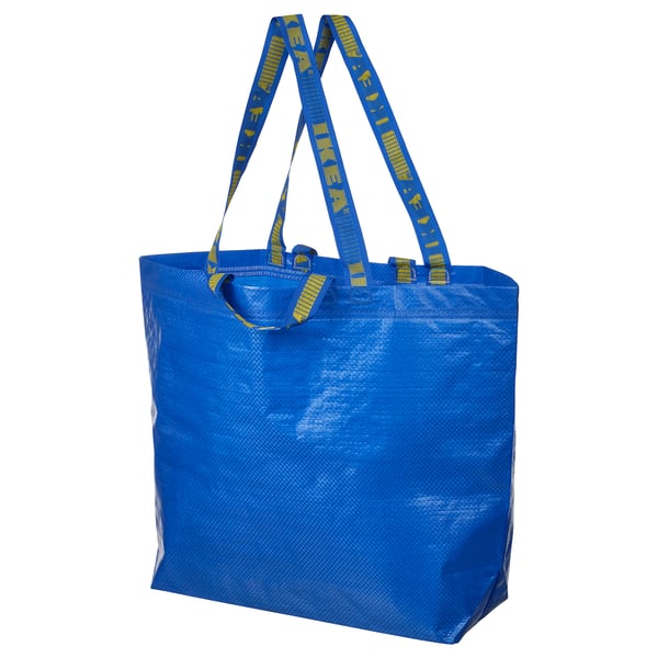 Borsa FRAKTA blu, forma rettangolare, plastica resistente, manici in tessuto.