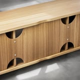 Il moderno mobile TV in legno con ritagli curvi offre spazio sia aperto che chiuso. Realizzato con materiali naturali, progettato per funzionalità e stile.