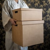 Persona che tiene in mano due scatole portaoggetti marroni impilate, progettate per organizzare documenti e accessori da scrivania. Le scatole sono dotate di maniglie ritagliate per un facile trasporto.