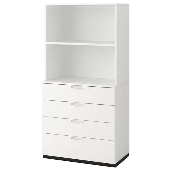Mobile contenitore GALANT bianco con cassetti e ripiani a giorno. Design moderno, ideale per gli uffici.