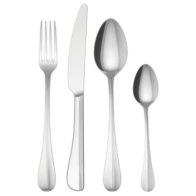 Set di posate in acciaio inox GAMMAN. Forchetta, coltello, cucchiaio grande e cucchiaio piccolo dal design elegante e moderno.