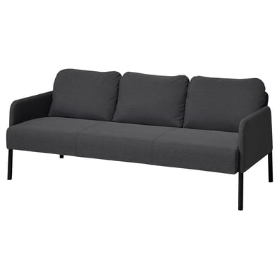 Divano GLOSAD: divano moderno in tessuto grigio con sedute e schienale imbottiti, sorretto da gambe in metallo nero, che offre comfort e stile.