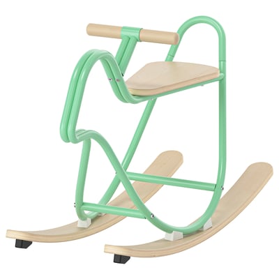 Giocattolo a dondolo in acciaio e legno verde, maniglie, forma curva, seggiolino per bambini.