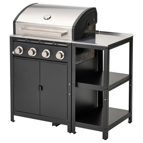Moderno carrello grill da esterno nero con piano in acciaio inox; Include grill a gas a quattro fuochi e ripiani aperti.