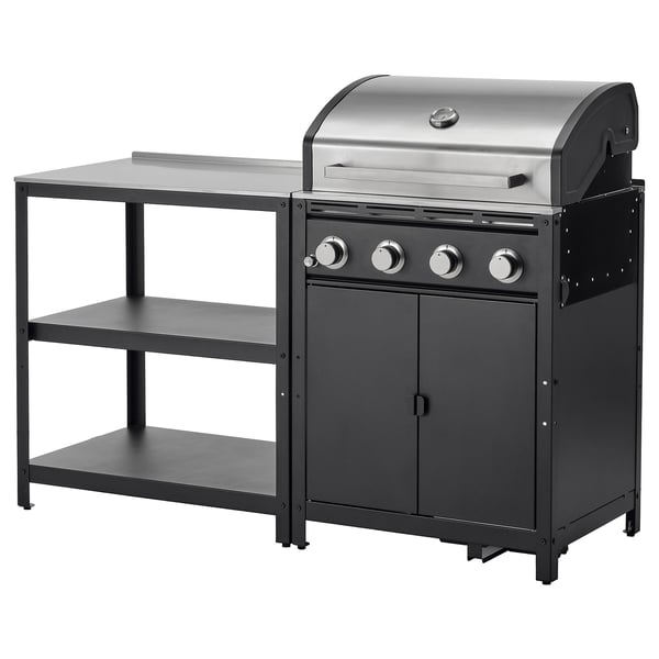 Immagine Set da cucina da esterno GRILLSKÄR - barbecue a gas e unità di stoccaggio, nero e argento.