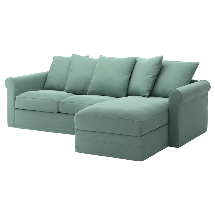 GRÖNLID divano a 3 posti con chaiselongue, Ljungen verde chiaro IKEA