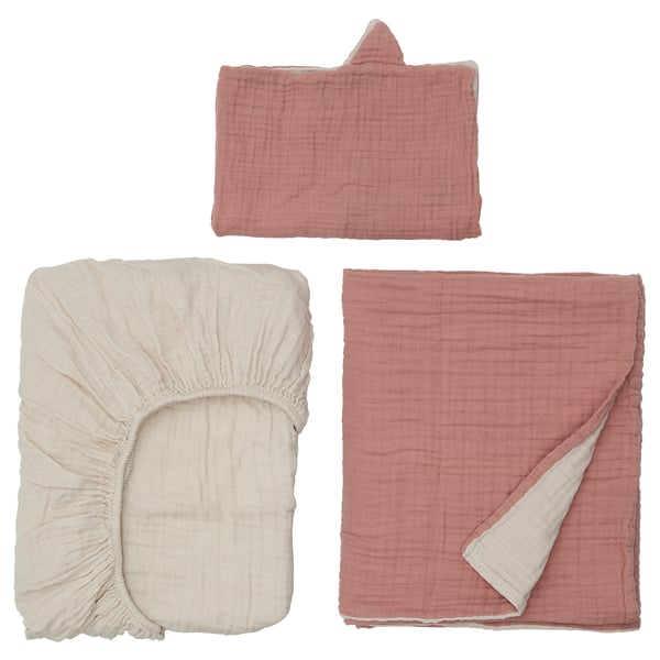 Biancheria da letto per bambini: lenzuola rosa e bianche, piumino con orecchie, cotone biologico.