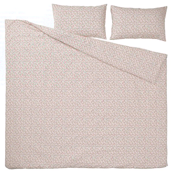 Set letto floreale, beige e arancione, cotone/viscosa, piumino e federe.