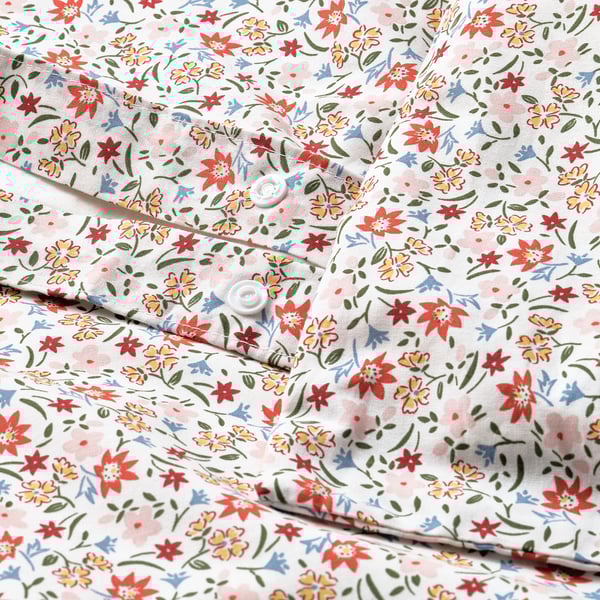 Set copripiumino floreale con chiusura a bottoni, morbido misto cotone/viscosa, traspirante, lucentezza fine.