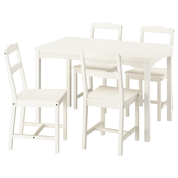 Un set da pranzo HAUGA bianco a 4 posti con un tavolo rettangolare e quattro sedie abbinate. Design semplice e tradizionale, adatto a piccoli spazi.