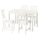 Un set da pranzo HAUGA bianco con tavolo e quattro sedie, realizzato in legno massello, dal design semplice e tradizionale.
