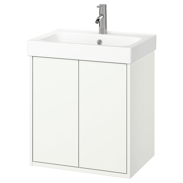Mobile da bagno bianco a parete con design elegante e rubinetto singolo.