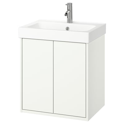 Mobile da bagno bianco a parete con design elegante e rubinetto singolo.