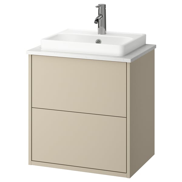 Mobile da bagno beige HAVBÄCK, design moderno e minimalista, con piano di lavoro bianco e lavabo in ceramica.