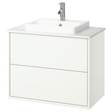 Un mobile da bagno HAVBÄCK bianco con un solo cassetto e un lavabo rettangolare in ceramica semi-incasso. Ha un design elegante e moderno.